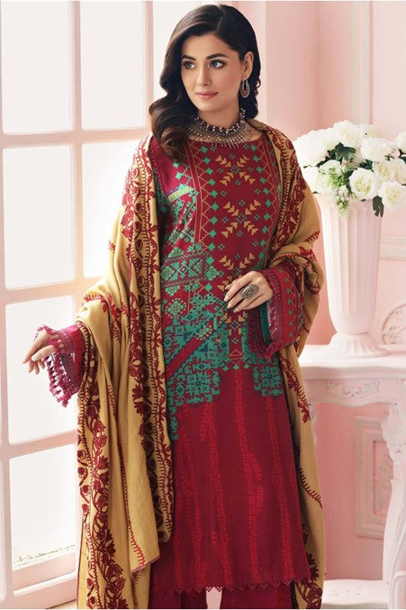 Maroon Embroidered Unstitched Suit