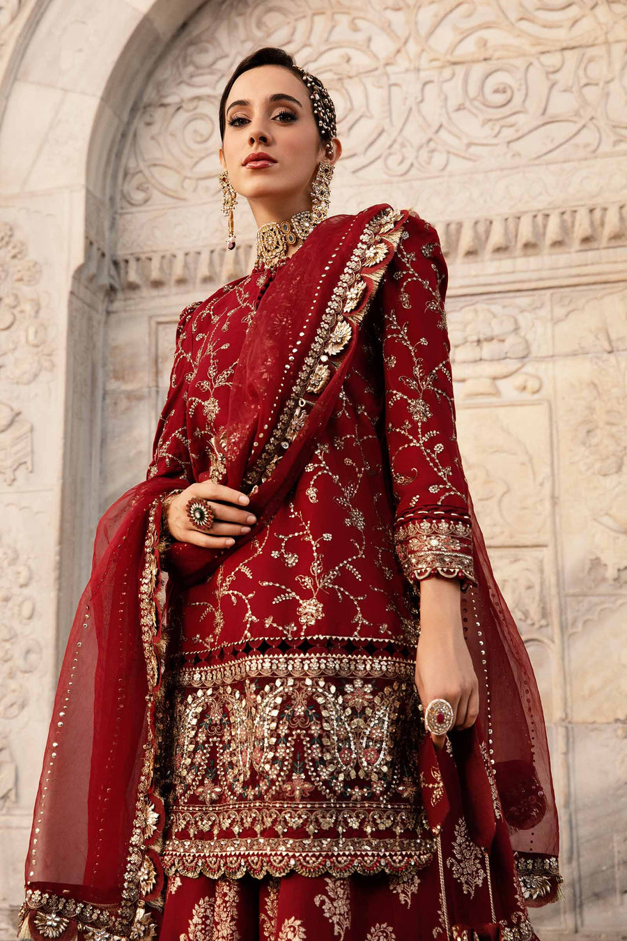 Red unstitched embroidered cotton satin suit