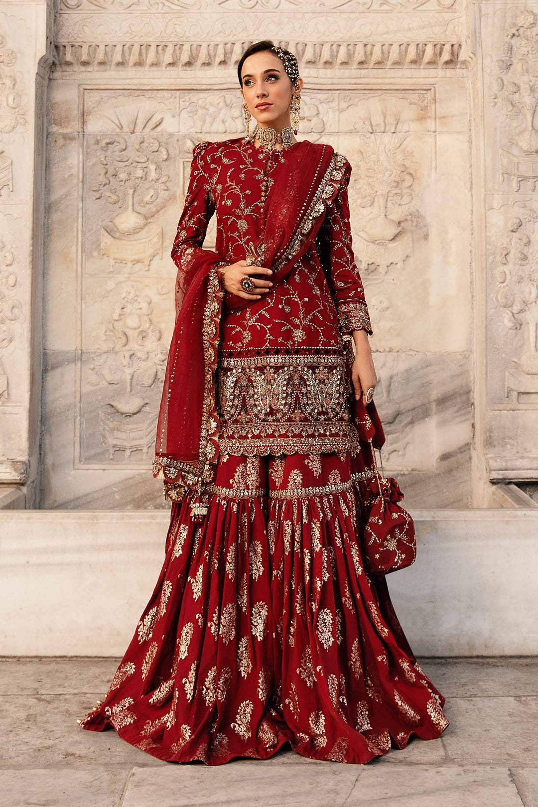 Red unstitched embroidered cotton satin suit