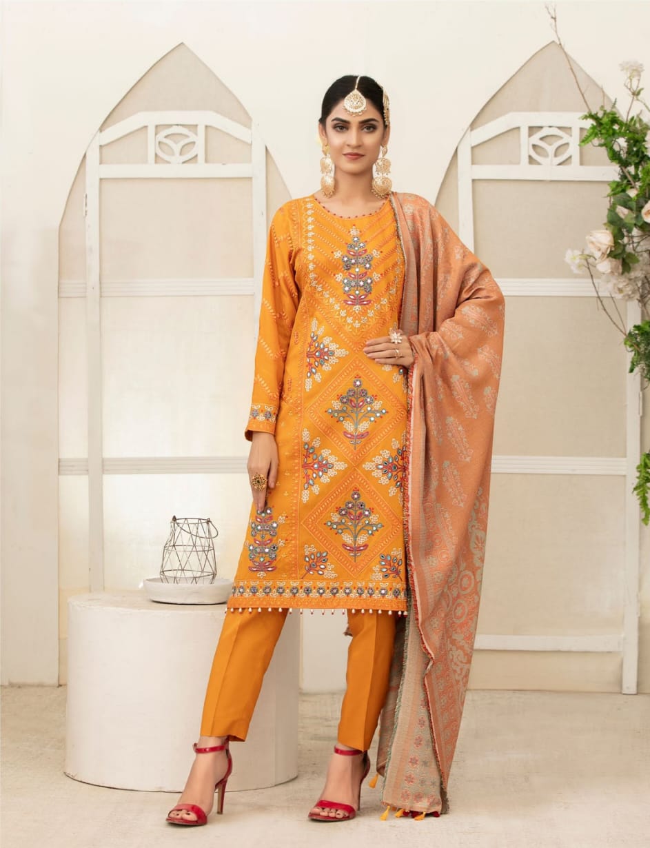 Yellow Embroidered Suit With Pashmina Shawl