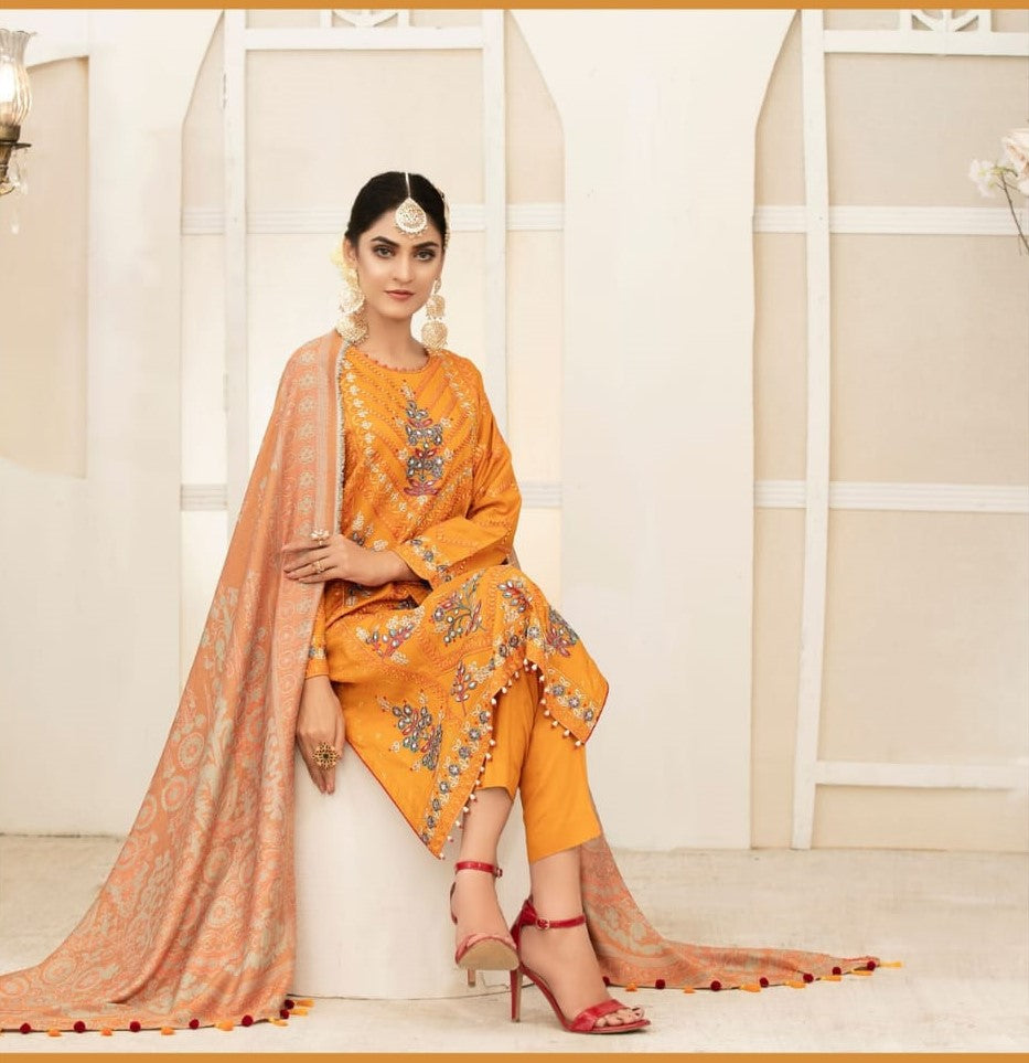Yellow Embroidered Suit With Pashmina Shawl