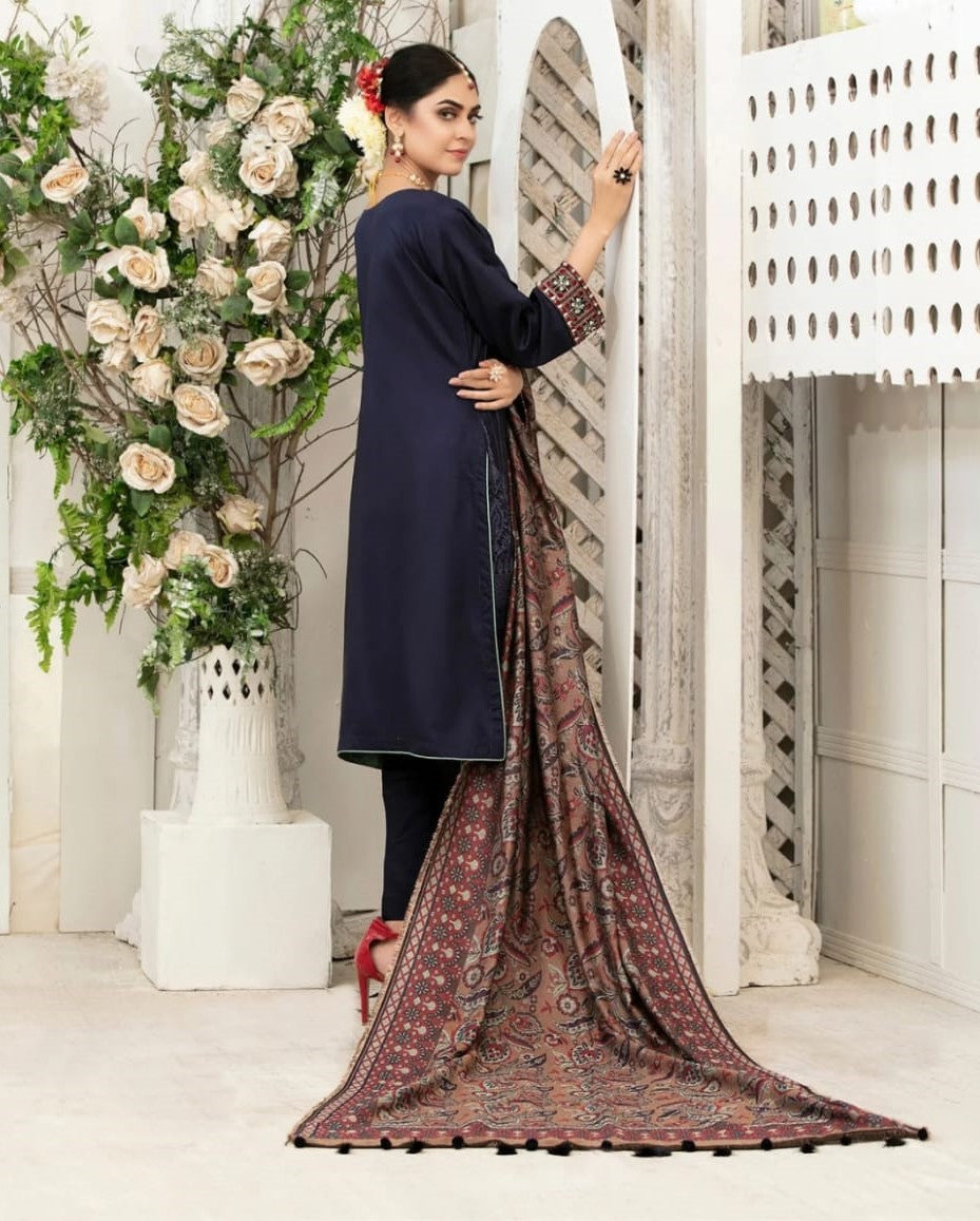 Dark Blue Embroidered Suit With Pashmina Shawl