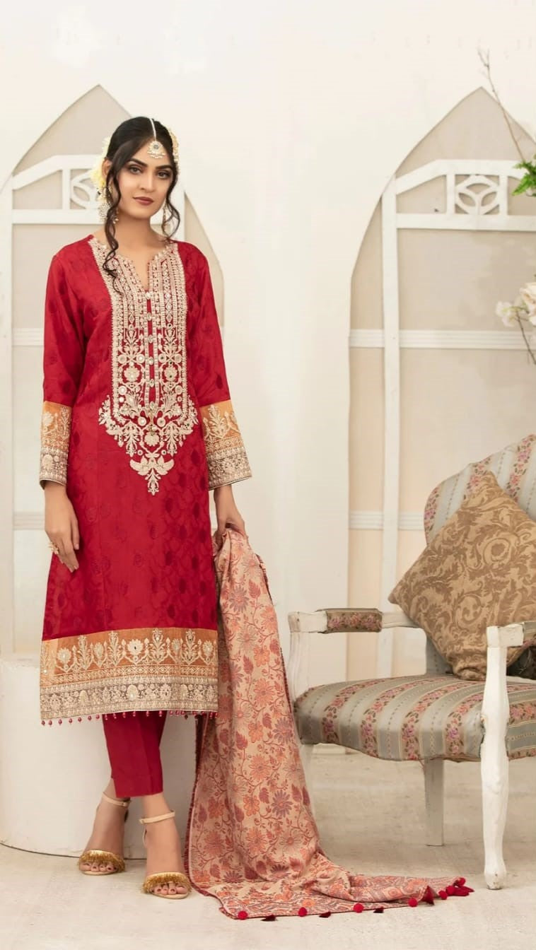 Red Embroidered Suit With Pashmina Shawl