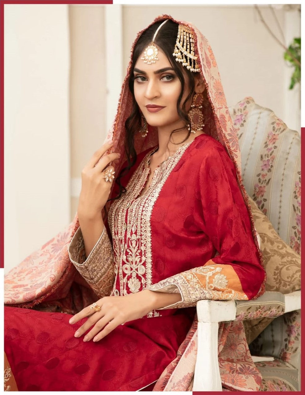 Red Embroidered Suit With Pashmina Shawl