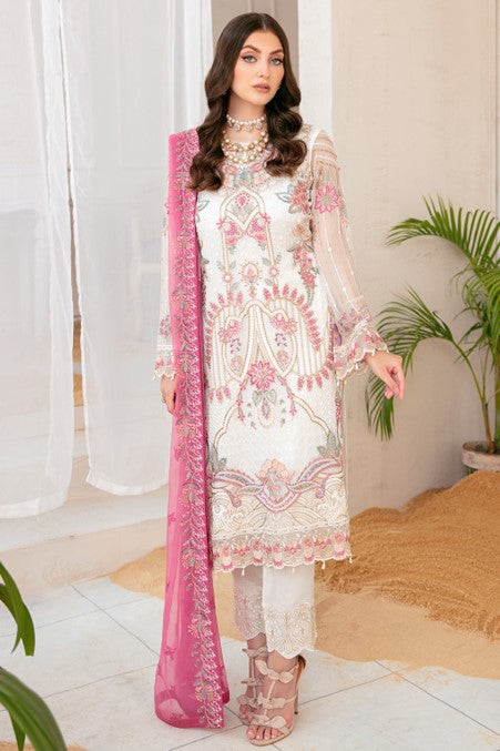 White and Pink Embroidered Chiffon Unstitched