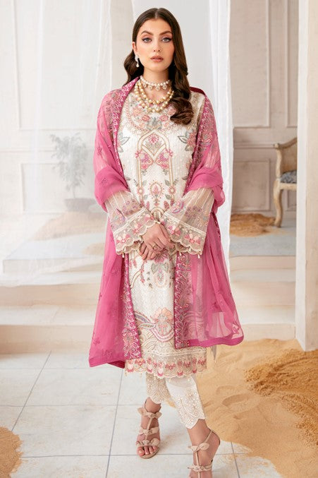 White and Pink Embroidered Chiffon Unstitched
