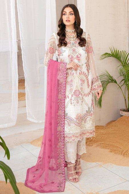 White and Pink Embroidered Chiffon Unstitched