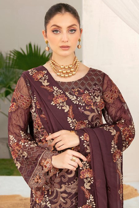 Dark Brown Embroidered Chiffon Suit
