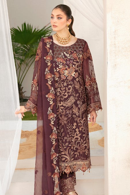 Dark Brown Embroidered Chiffon Suit