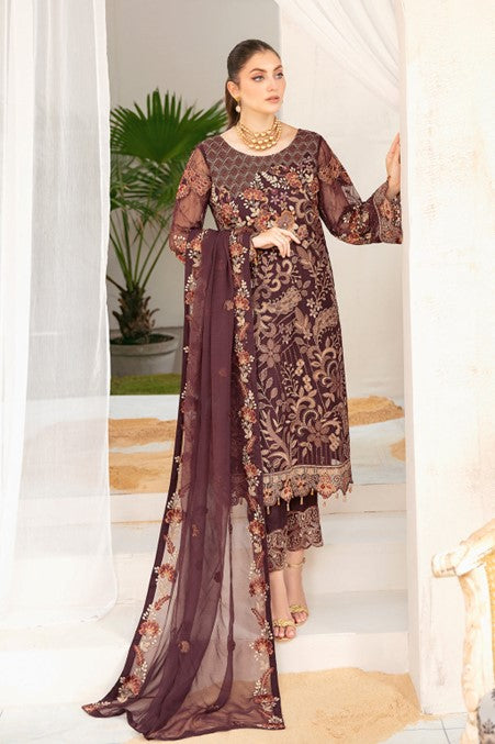 Dark Brown Embroidered Chiffon Suit