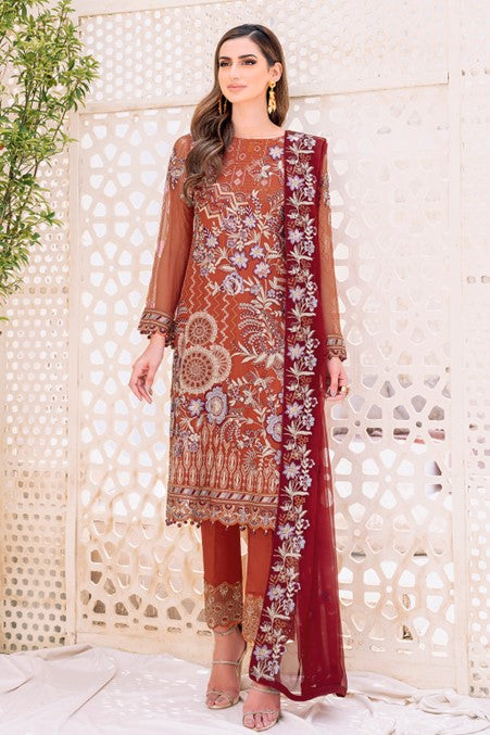 Orange Embroidered Chiffon Suit