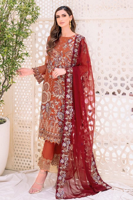 Orange Embroidered Chiffon Suit