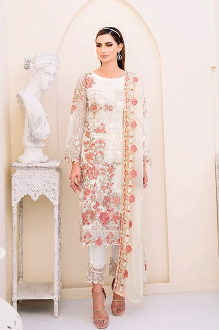 White Embroidered Chiffon Suit