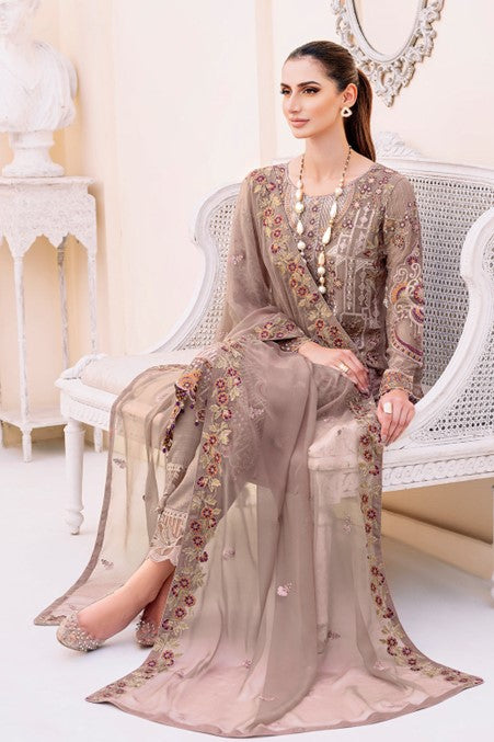 Brown Embroidered Chiffon Suit