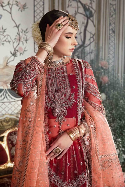 Red and orange Unstitched Embroidered wedding outfit