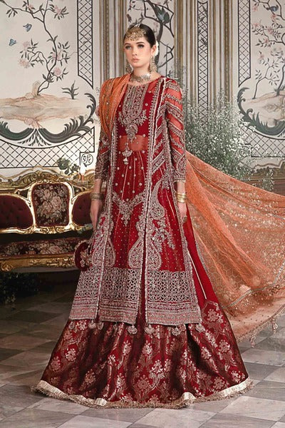 Red and orange Unstitched Embroidered wedding outfit