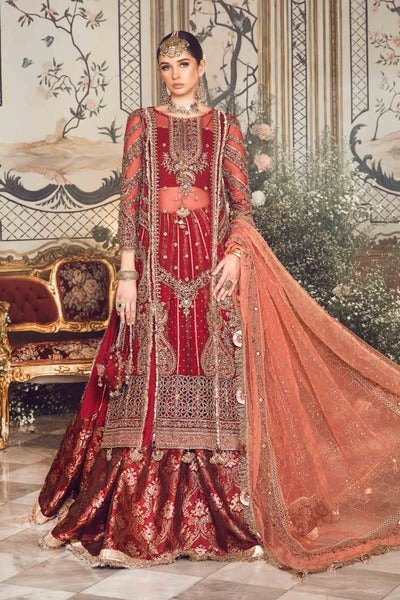 Red and orange Unstitched Embroidered wedding outfit