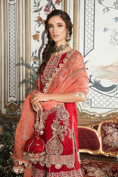 Red and orange Unstitched Embroidered wedding outfit