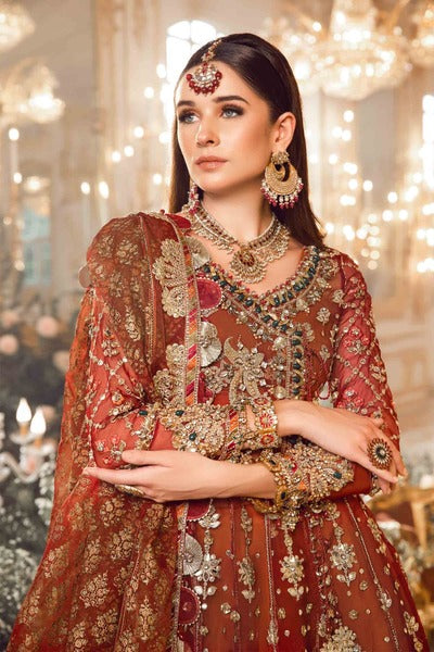 Red and Orange Unstitched Embroidered wedding outfit