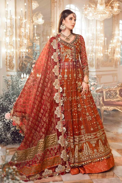 Red and Orange Unstitched Embroidered wedding outfit