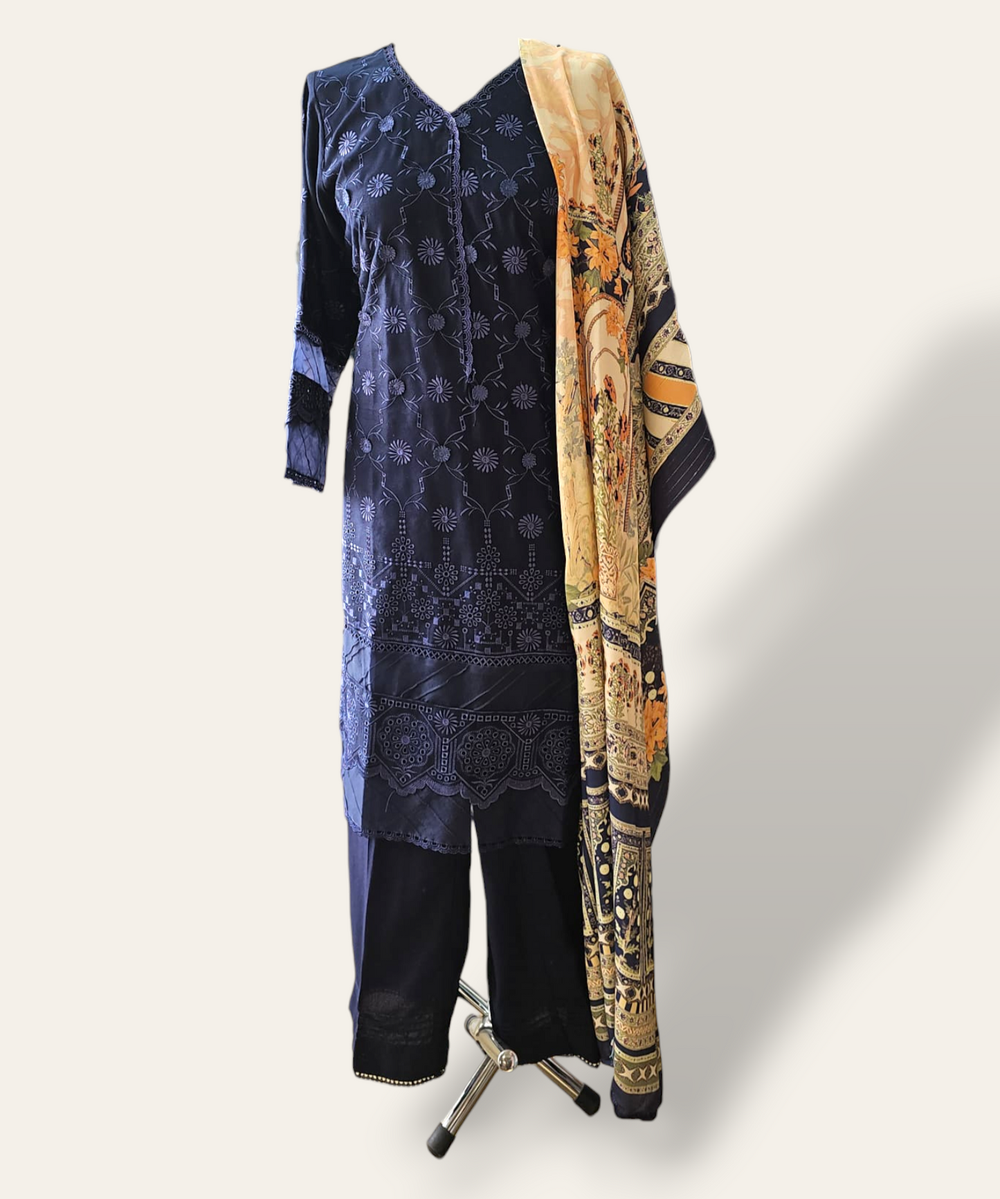 Navy Blue Dhanak Readymade Suit