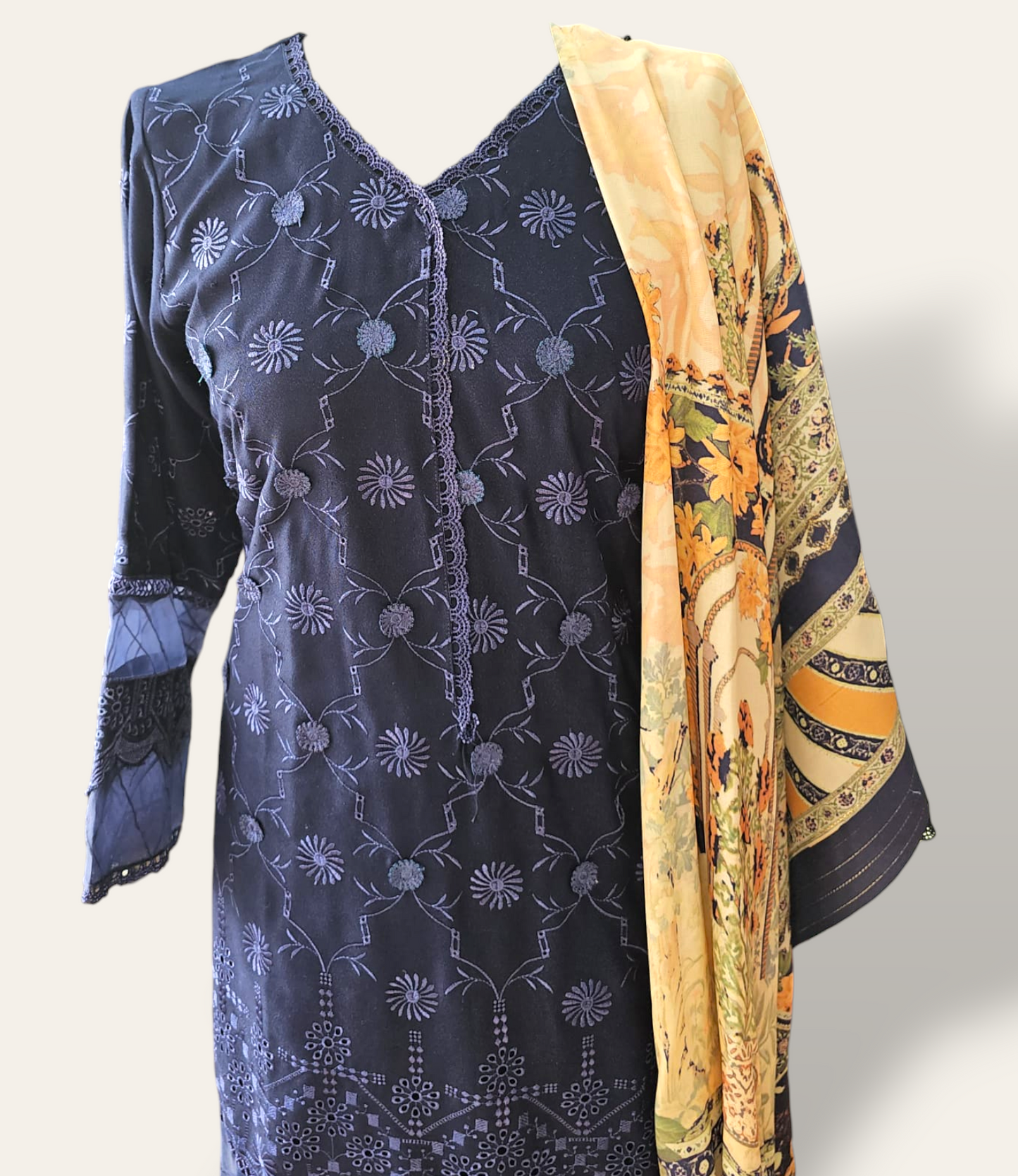 Navy Blue Dhanak Readymade Suit