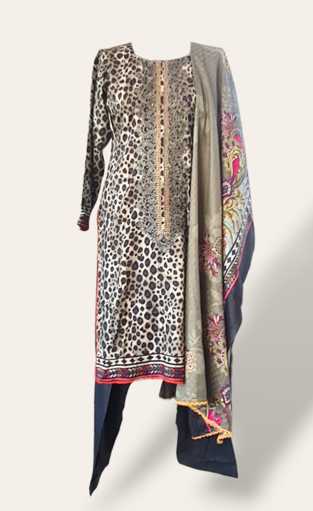 Leapard Print Linen Readymade Suit