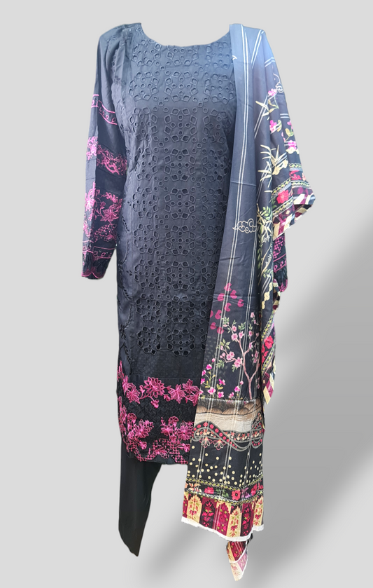 Black embroidered linen suit with jacquard printed shawl