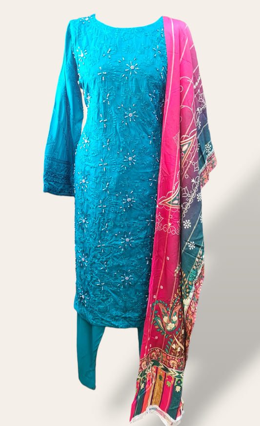Blue Embroidered linen suit with jacquard shawl