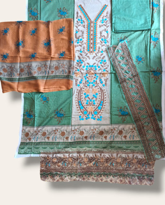 Green and brown unstitched printed embroidered lawn suit