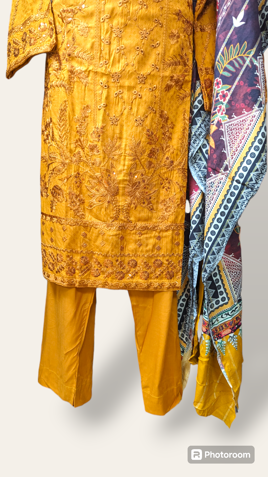 yellow embroidered linen suit with jacquard printed shawl