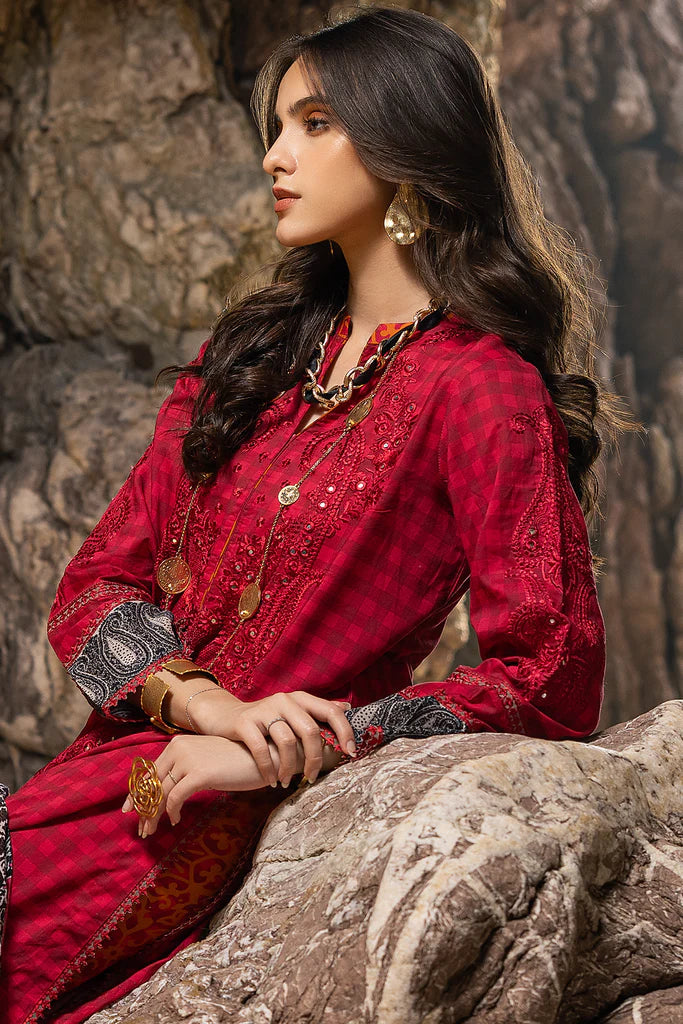 Dark Pink semi-stitched embroidered printed lawn suit