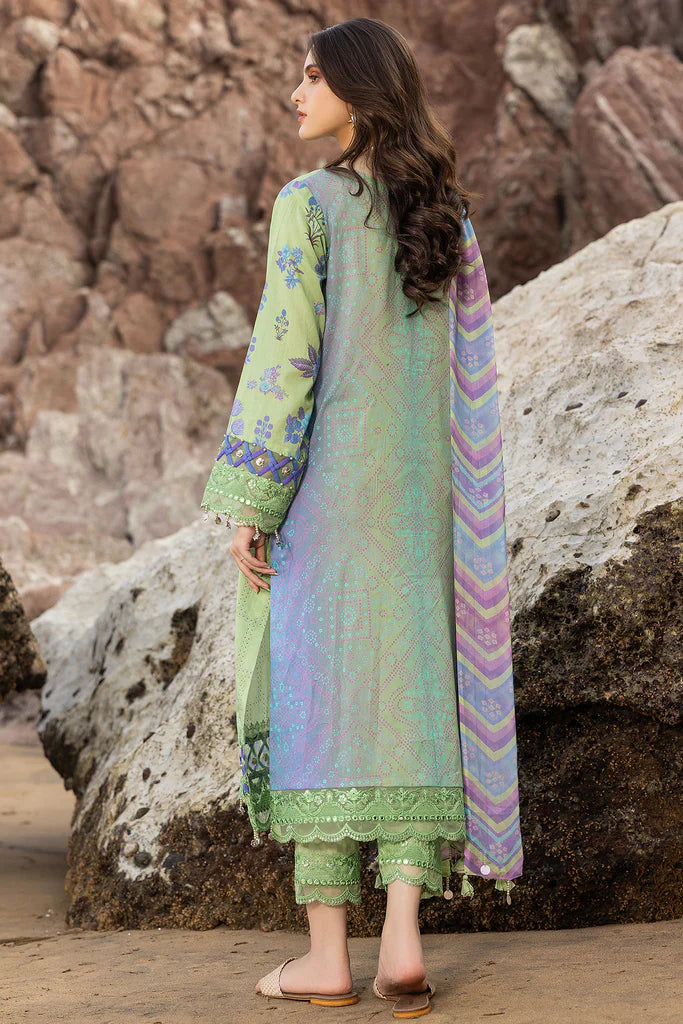 Green semi-stitched embroidered printed lawn suit