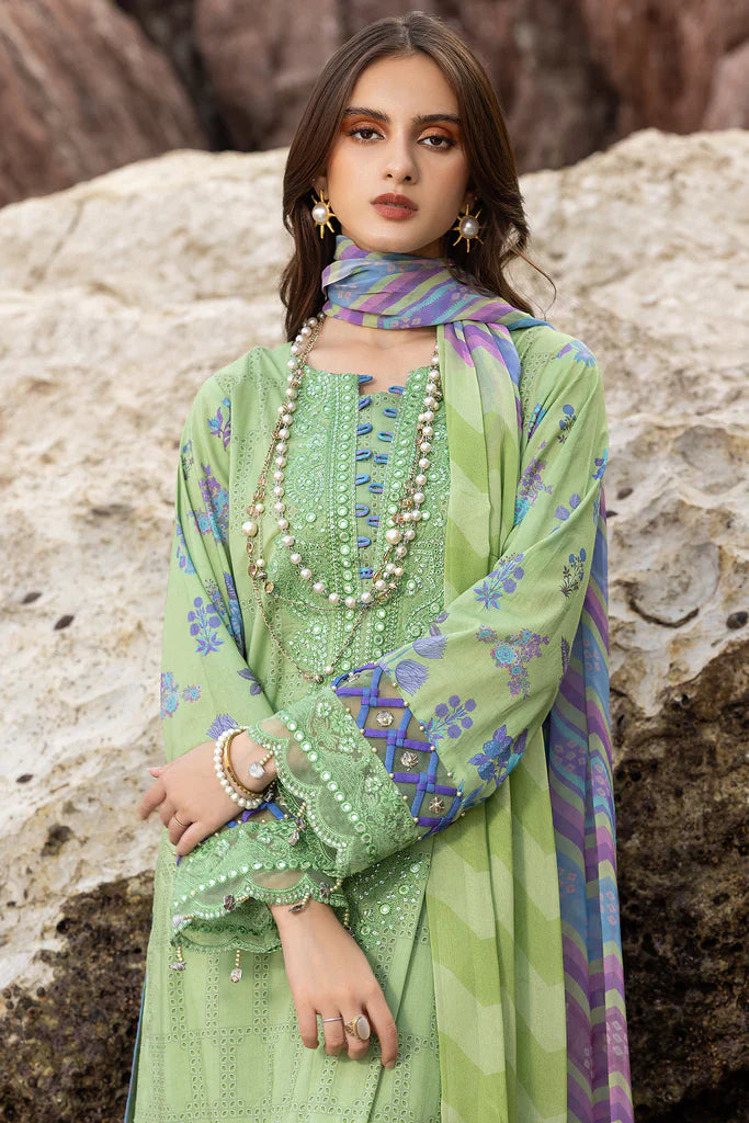 Green semi-stitched embroidered printed lawn suit