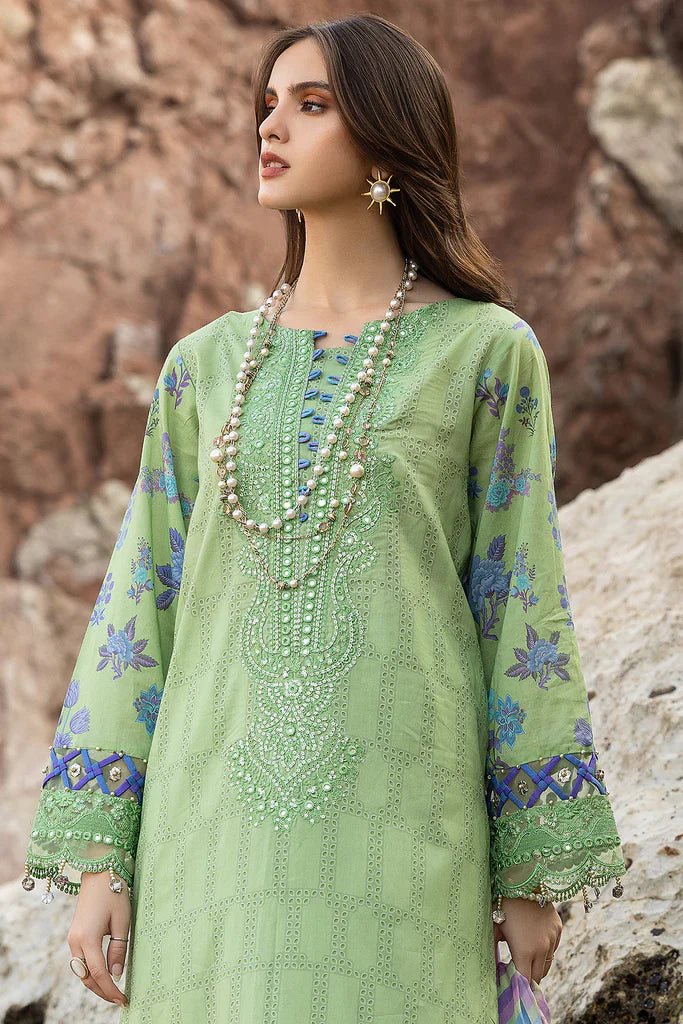 Green semi-stitched embroidered printed lawn suit