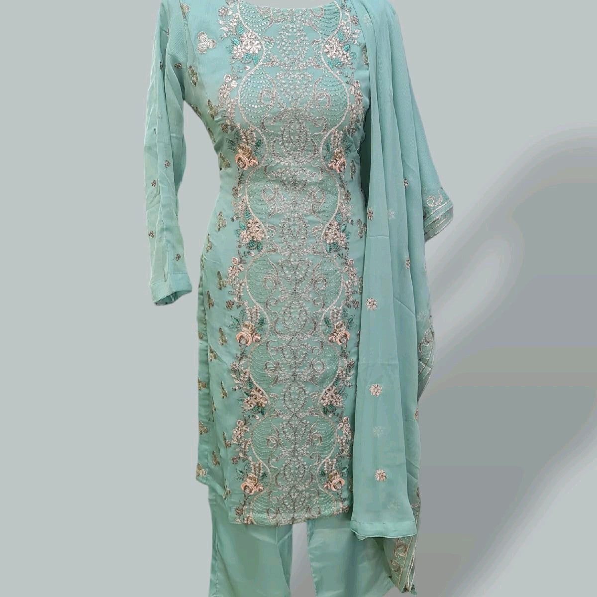 Pale blue chiffon embroidered suit