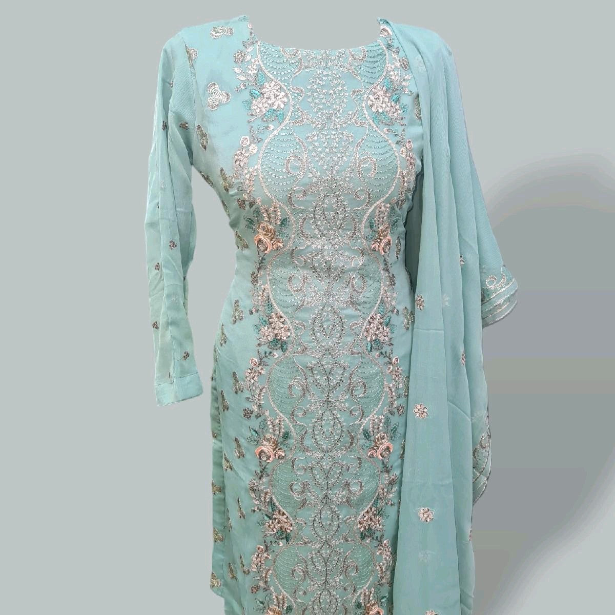 Pale blue chiffon embroidered suit