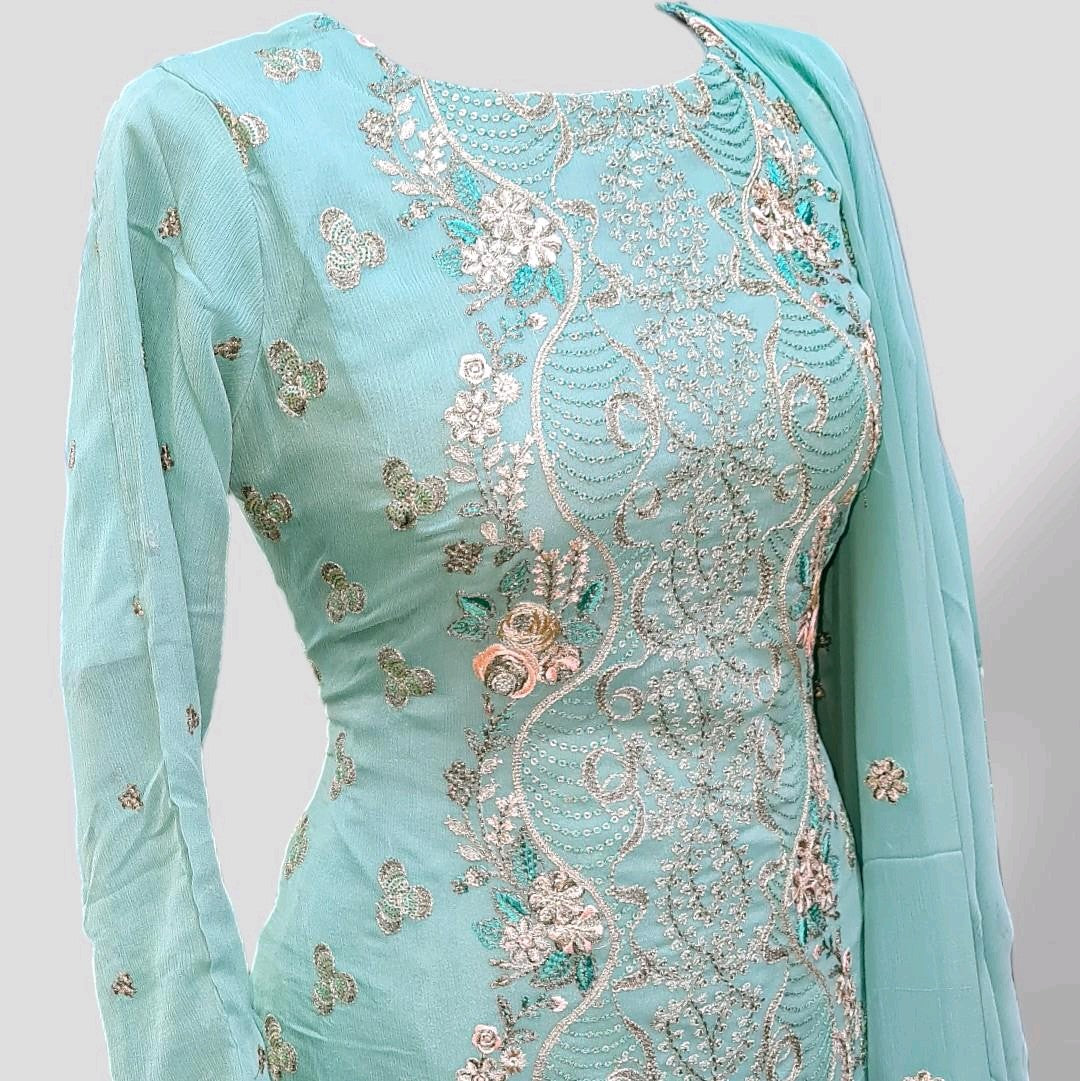 Pale blue chiffon embroidered suit