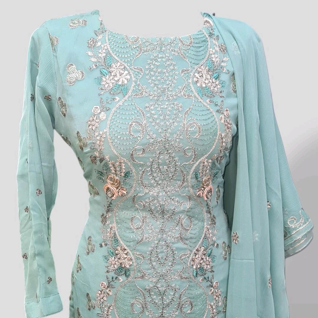 Pale blue chiffon embroidered suit