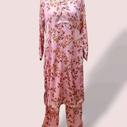 Pink small size silk printed two piece suit