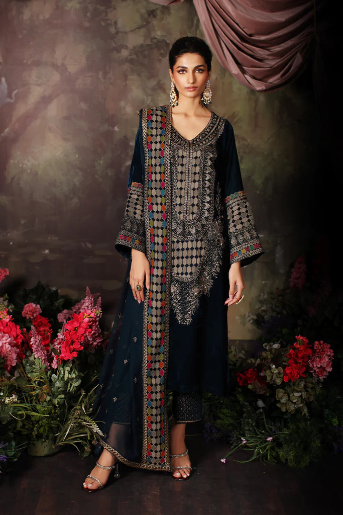 Unstitched Embroidered Velvet Suit with Embroidered Chiffon Dupatta