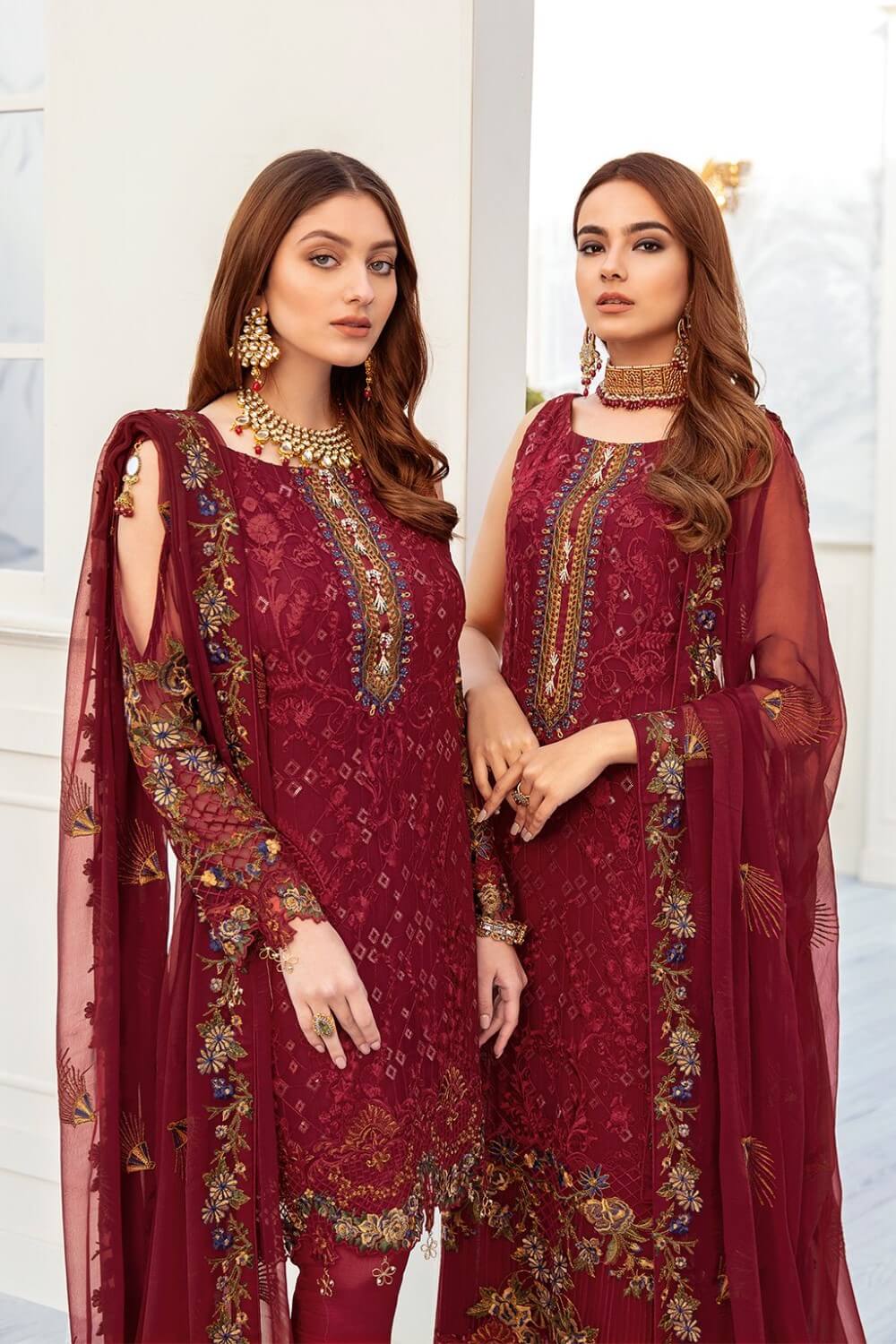 Ruby Dream Embroidered Chiffon Three Piece Suit