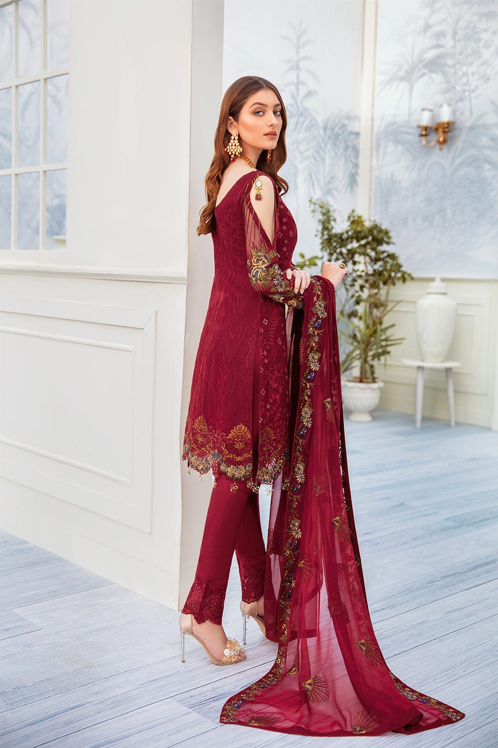 Ruby Dream Embroidered Chiffon Three Piece Suit