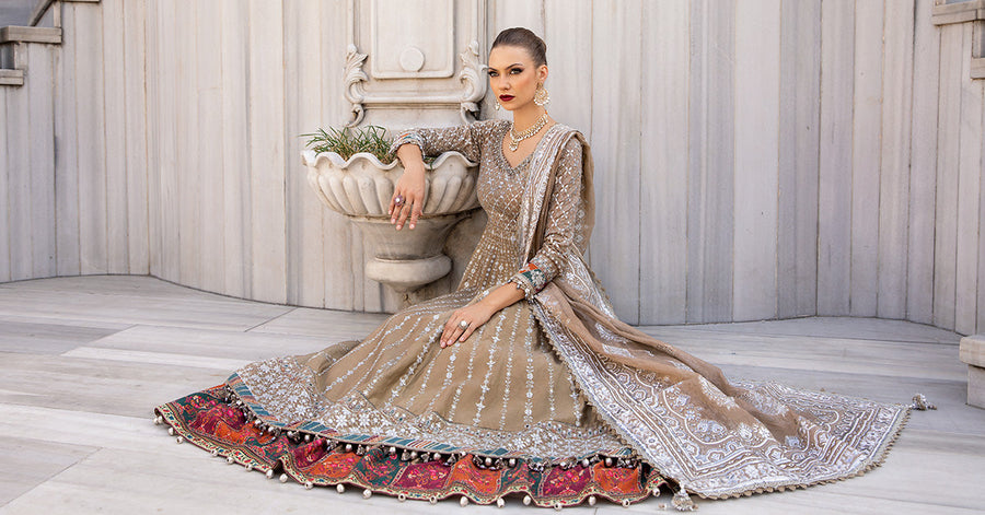 Light brown unstitched embroidered cotton satin suit