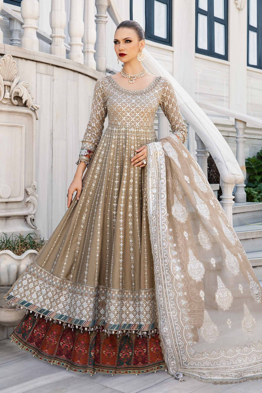 Light brown unstitched embroidered cotton satin suit