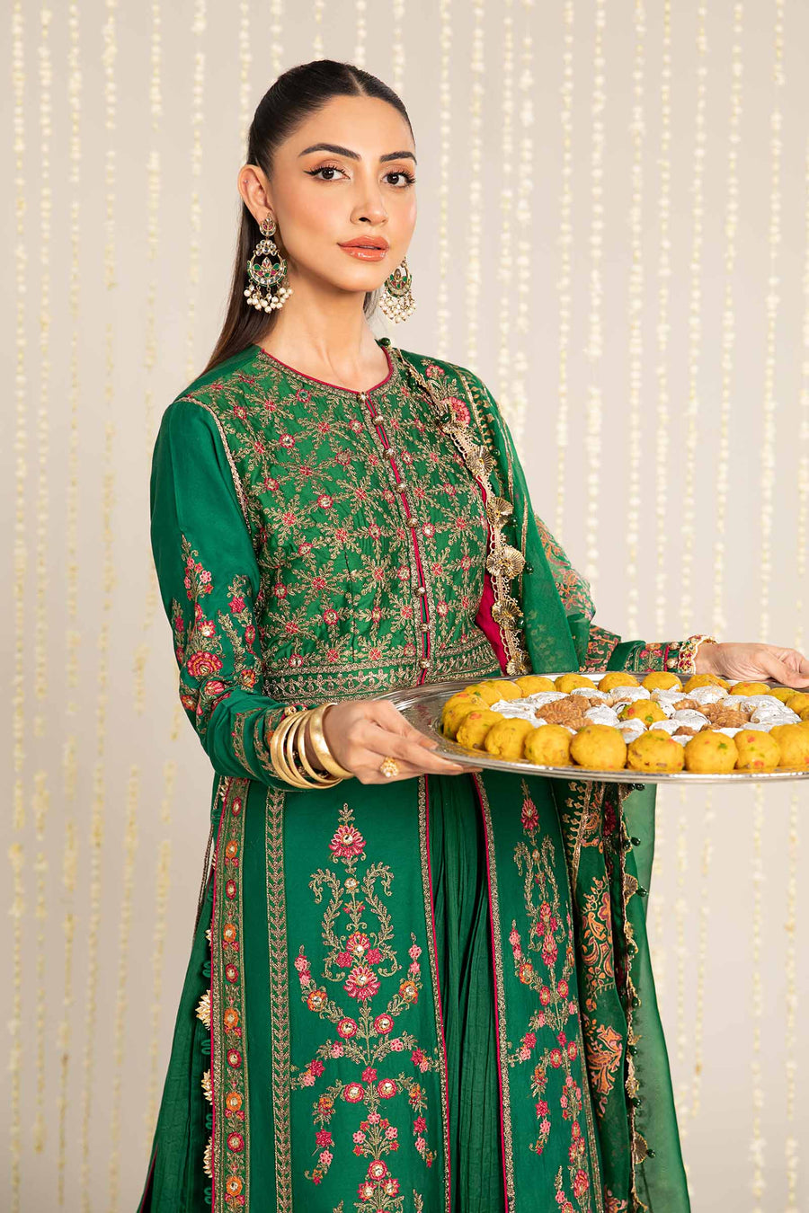 Green unstitched embroidered cotton satin suit