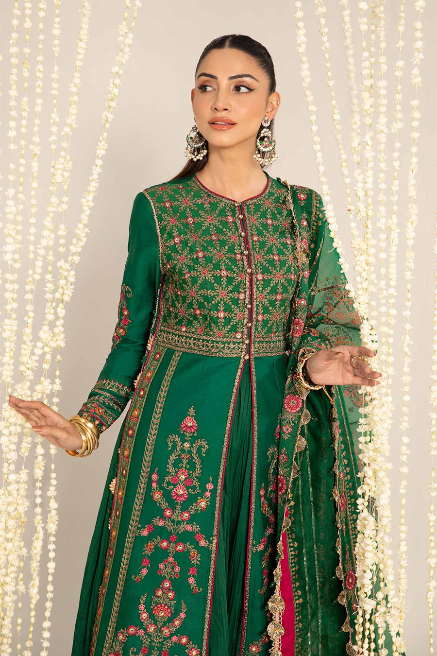 Green unstitched embroidered cotton satin suit