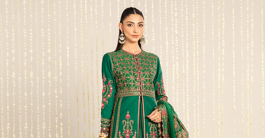 Green unstitched embroidered cotton satin suit