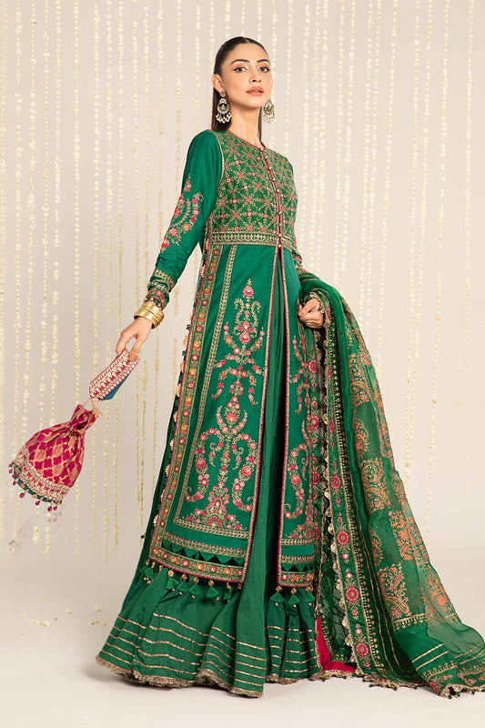 Green unstitched embroidered cotton satin suit