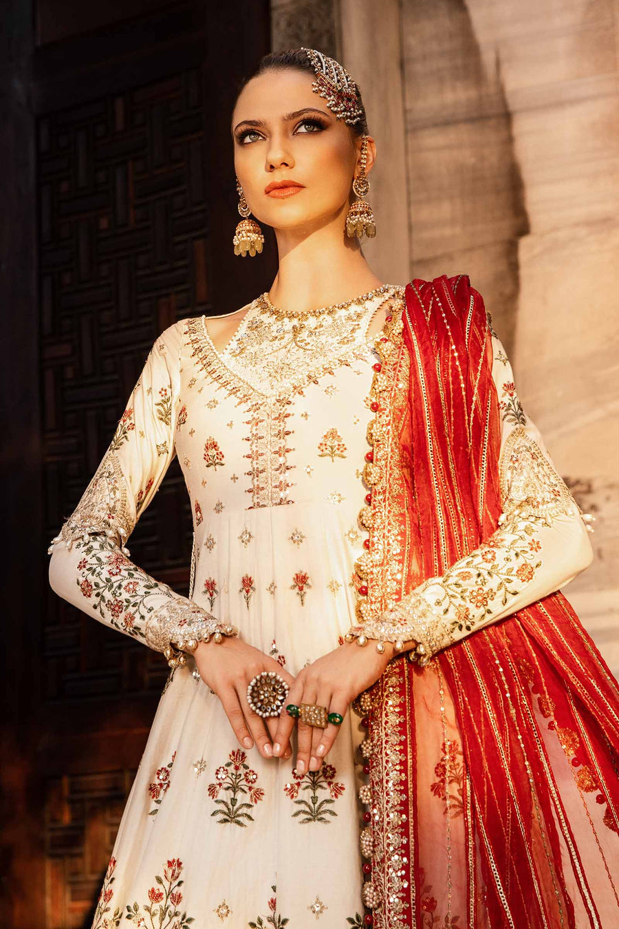 White embroidered unstitched cotton satin suit